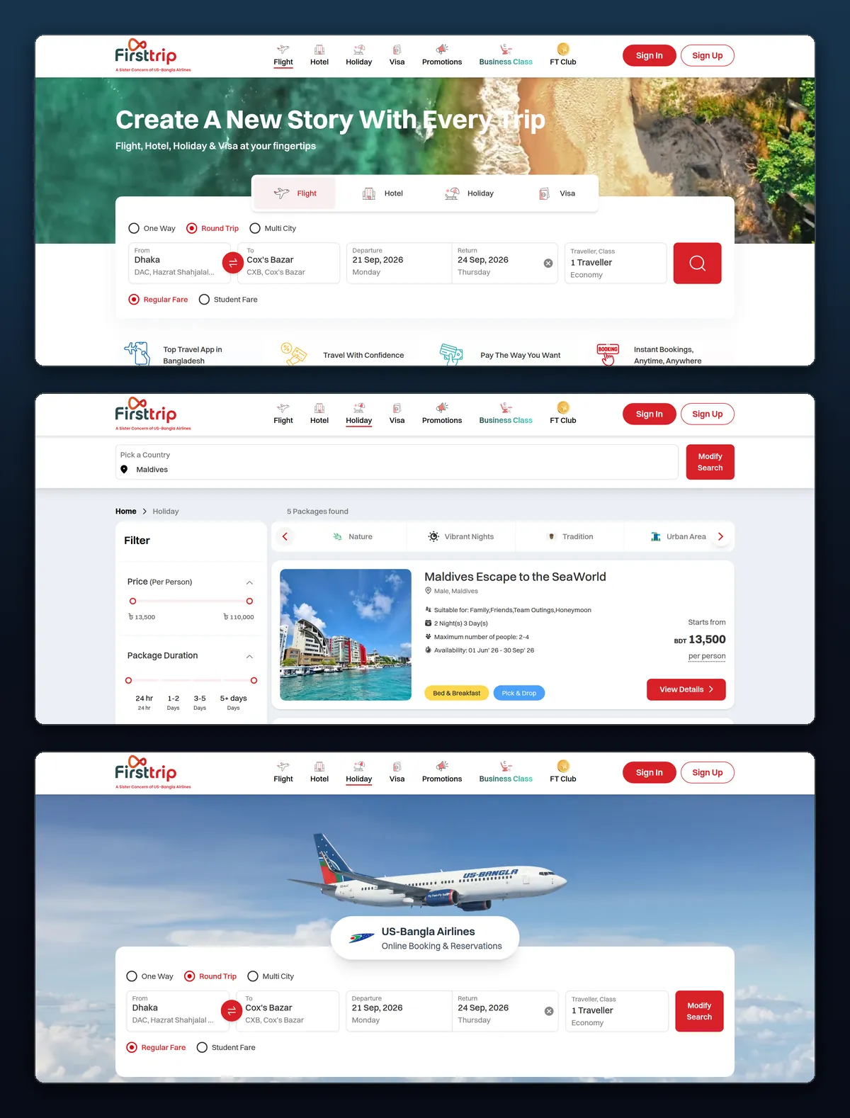 Screenshots of Firsttrip, B2C Online Travel Agency